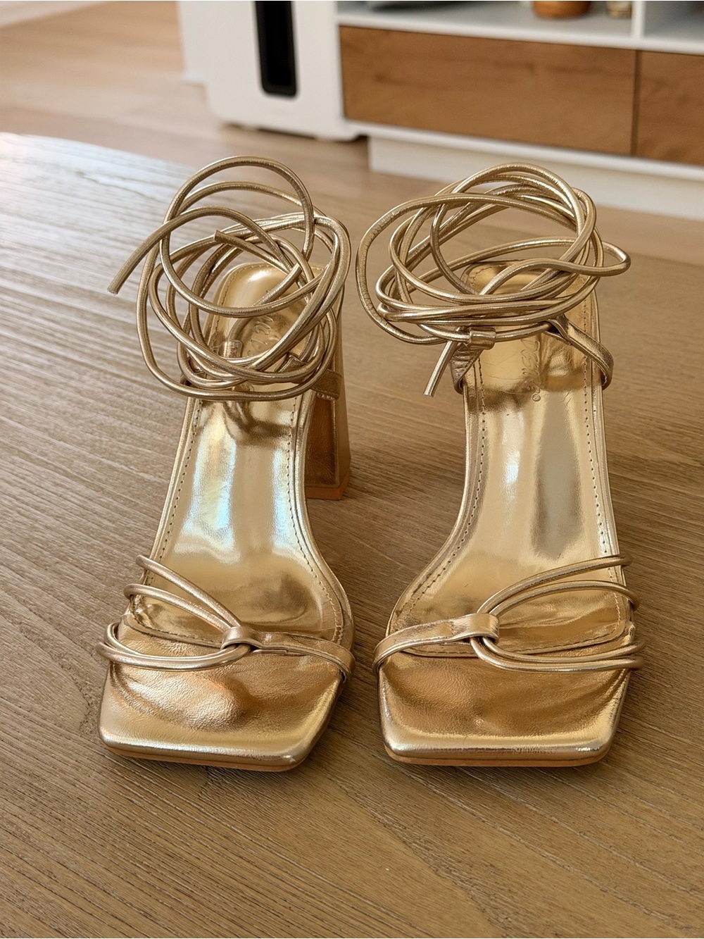 Gold Strappy Block Heel Sandals with Ankle Wrap Worn once - Picture 4 of 8